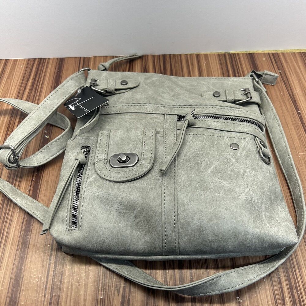 NWT Chateau International Faux Leather Crossbody Purse Grey w Pockets